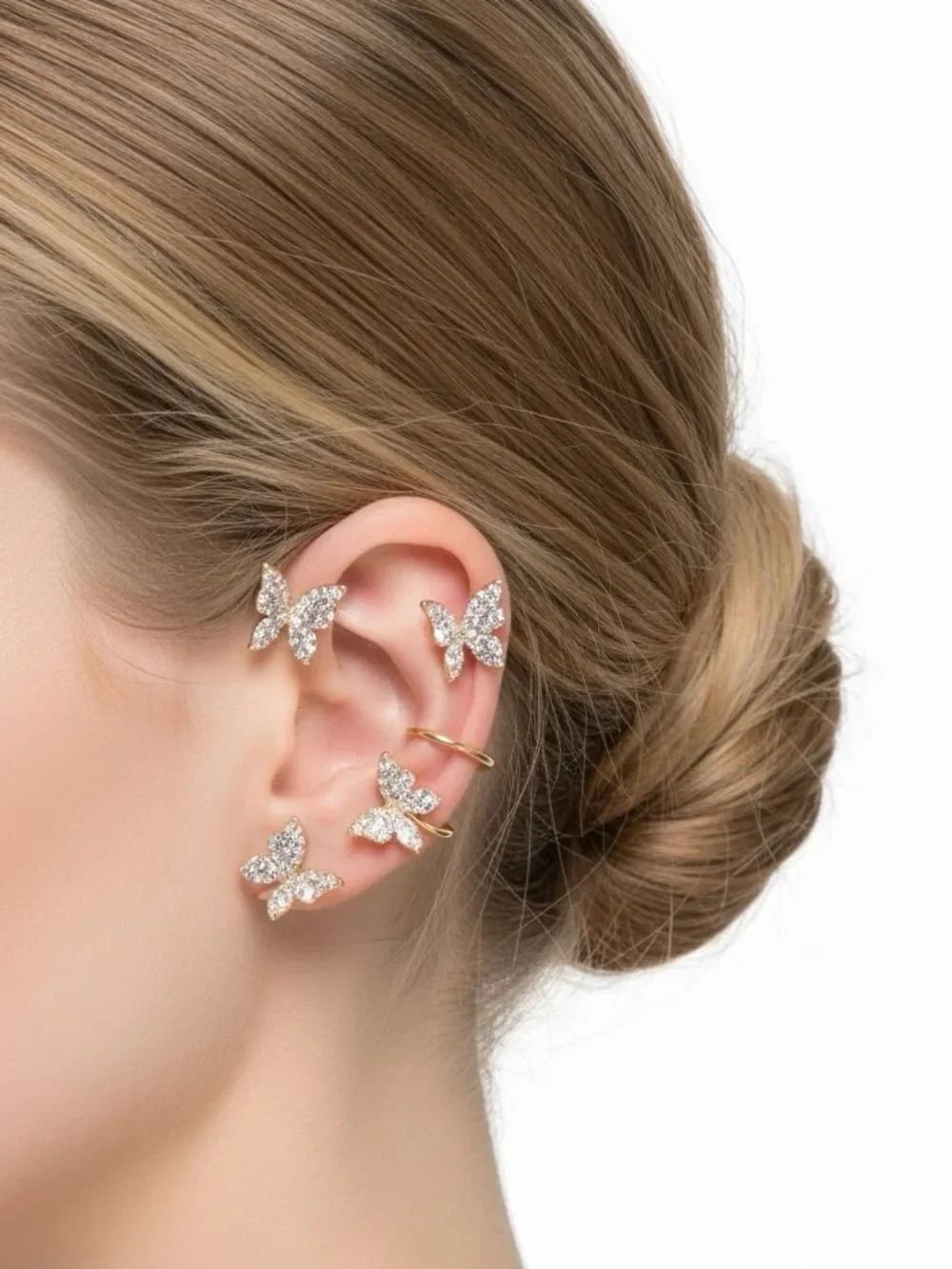 Gold Butterfly Rhinestone Ear Wrap Cuff Set Crystal Tracker NWT